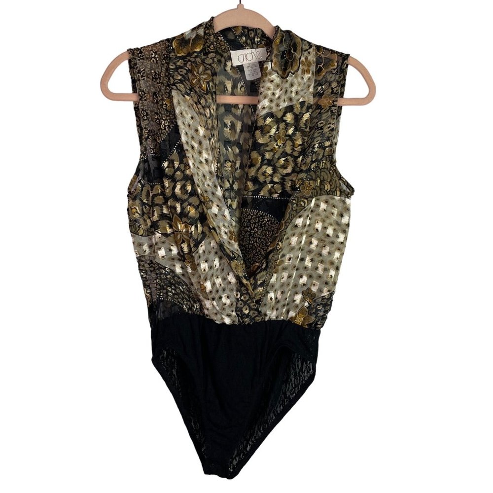 Cache Bodysuit Vintage 10 Black Gold Animal Print Floral Sleeveless Plunge Neck
